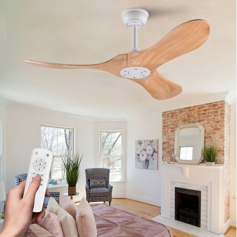 Ventilatore da soffitto 42 pollici, 3 pale in legno, telecomando, bianco e naturale OKMYHOME (1/5)