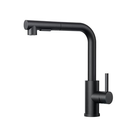 Grifo de cocina negro extraíble con rociador, grifo para fregadero, mezclador de acero inoxidable en forma de L, dos funciones de rociado, giratorio 360°.