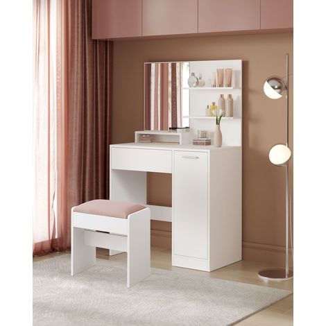 VASAGLE Coiffeuse, Tabouret de Coiffeuse, Table de Maquillage avec Miroir, 2 Étagères Ajustables Derrière la Porte et 1 Tiroir, Blanc et Blanc Mat-Rose Bonbon (1/5)