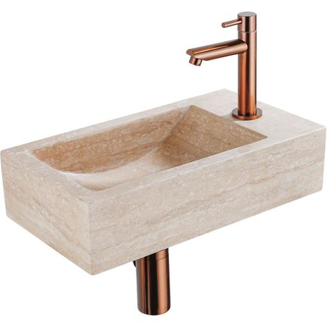 FugaFlow Efficiente Ensemble Fontaine Pierre - 40x22x10 cm - trou du robinet à droite - robinet de fontaine en cuivre brossé PVD - bouchon de vidange