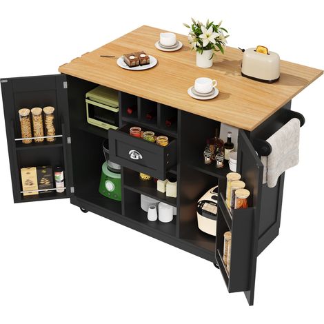 Ilot central de cuisine extensible Noir,Desserte Cuisine avec 2 portes,1 tiroir,plan de travail,140x40x93.5cm (1/5)