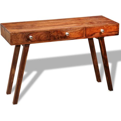 Meuble d'entrée table console design élégant avec 3 tiroirs 76 cm bois massif brun DEC031624 (1/5)