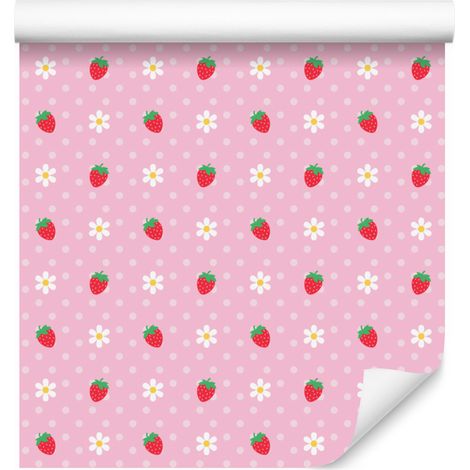 Tapete „Erdbeeren und Gänseblümchen“, Puderrosa, Koralle und Grau, 50 x 1000 cm (1/4)