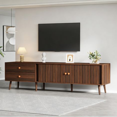 DESMIU Meuble TV 180 cm avec 2 tiroirs et 2 portes coulissantes, 8 pieds, pour salon, en MDF, noyer (1/5)