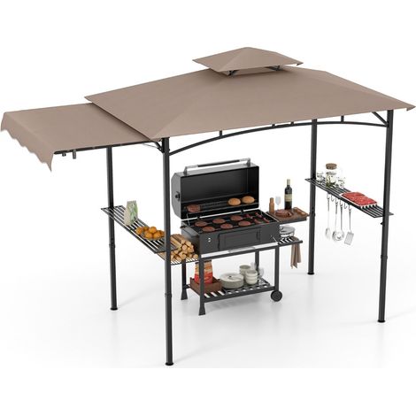 Gazebo per barbecue 318 x 153 x 250 cm con tenda laterale zona ombreggiata e ripostiglio in poliestere dal design estetico colore caffè 200014397
