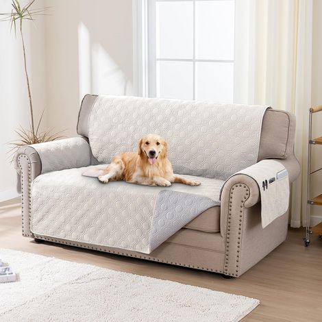 Übergroßer 2-Sitzer-Sofabezug, wasserdicht, beige, mit Seitentaschen, für Haustiere.