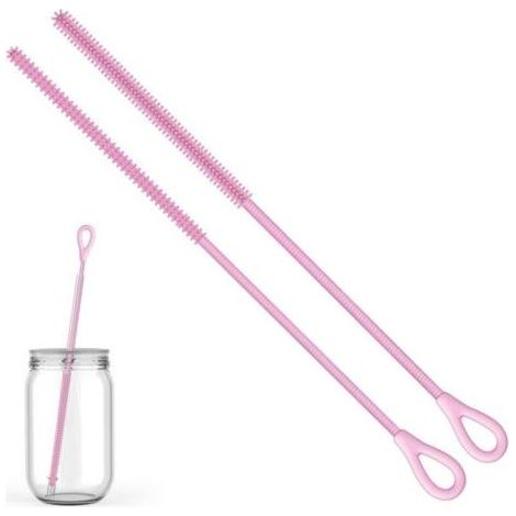 Lot de 2 brosses à paille en silicone, avec trou de suspension, flexibles, réutilisables, pour métal, verre, pailles à smoothie, biberons, 6 mm + 9 mm (rose) (1/5)