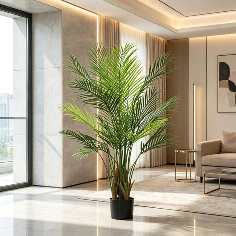 Plante artificielle d'intérieur 120 cm, faux palmier vert avec pot plastique et flocage décoratif, pour salon et bureau (1/5)