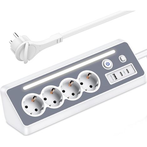 Multiprise avec USB et 2 Types C - Multiprise d'angle à 4 Prises avec Lumière LED- Protection Contre Les Surtensions - 3680W/16 A Multiprises avec Interrupteur -Prise Plan De Travail Cuisine, Bureau (1/5)