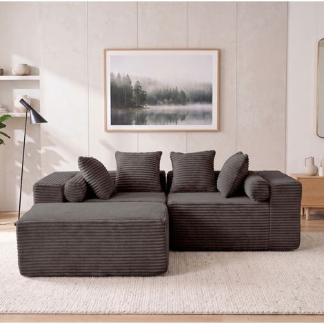 Divano modulare angolare a L con chaise longue, tessuto ciniglia nero, senza montaggio, OKWISH (1/5)
