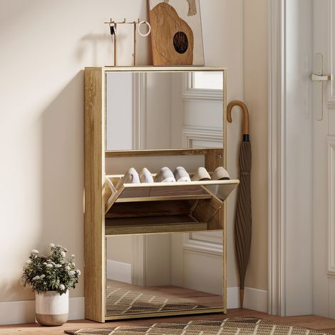 Meuble à chaussures d'entrée avec 3 portes et miroir, étagère à chaussures étroite pour 9 paires de chaussures, 65 x 17 x 114,5 cm, naturel