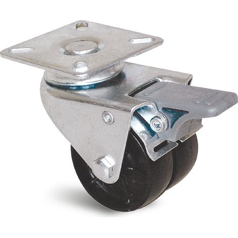 Roue à double galet 50mm à platine carrée pivotante avec frein - GUITEL HERVIEU - 861011