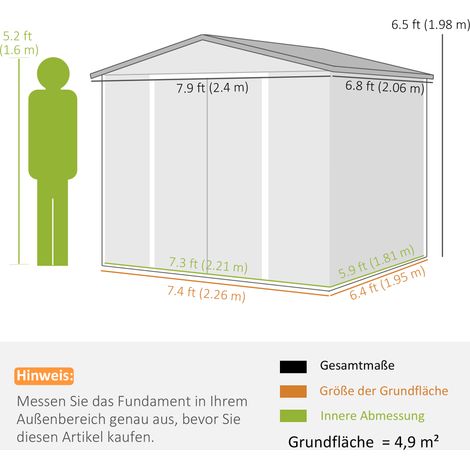Abri acier galvanisé teck 4,4m² 240x206x198cm étanche,toit monopente porte coulissante avec fondation,abri à outils résistant pour jardin.