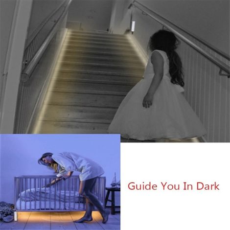 Bande LED sans fil avec détecteur de mouvement, alimentée par piles, veilleuse de 1 m, 2 m ou 3 m, pour placard, armoire, escalier ou couloir. (1/5)