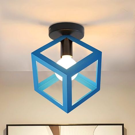 Plafonnier Luminaire Moderne Lustre Forme Cage Lampe de Plafon Vintage Abat-jour de Style Géométrique en Métal E27 Éclairage pour Chambre Salon Restaurant, Forme de Cube,16CM, Bleu (1/5)