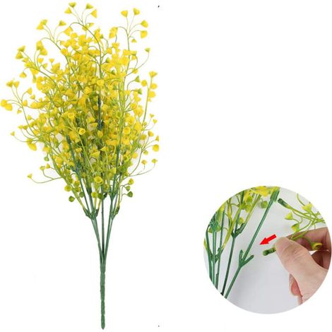 Set di 4 fiori artificiali di gypsophila gialla in plastica, ideali per matrimoni, balconi, giardini o Natale. (1/3)