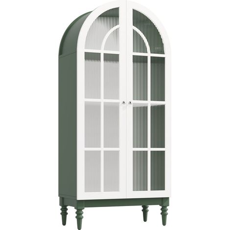 Vitrine meuble de rangement à 3 niveaux intérieurs silhouette arquée verre strié double porte finition bicolore vert foncé et blanc (1/5)