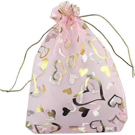 100 sachets en organza rose en forme de cœur (9 x 12 cm) avec cordon de serrage, pour bijoux et mariage. (1/5)