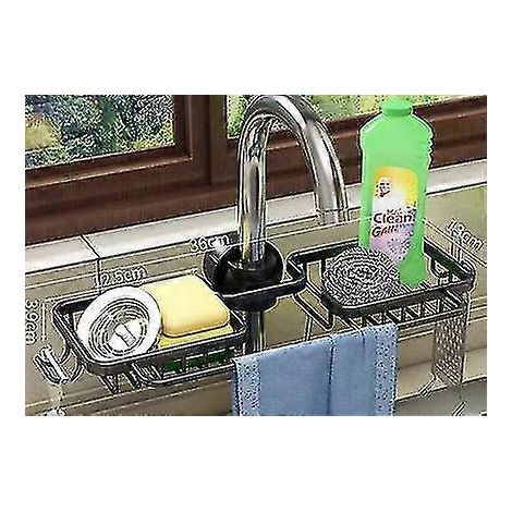 Küchenablage aus Aluminium für Spülbecken, Schwammaufbewahrung, Wasserhahnhalter, Seifenablage, Korb-Black Double  Slot