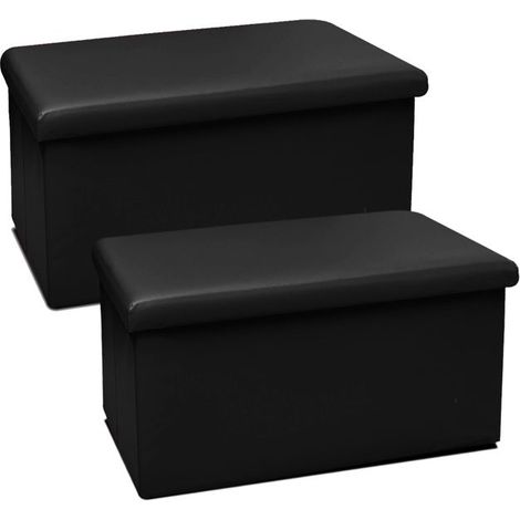 Pouf de rangement pliable - JUANIO - Modèle standard - Couvercle amovible - PVC noir - Lot de 2 (1/4)