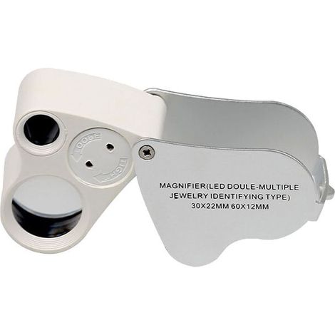 Lupa de joyero con iluminación LED, doble aumento focal, 60X, 12 mm y 30X. (1/5)