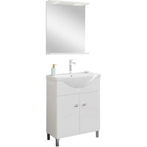 Mobile Bagno A Terra da 65 cm linea Smart Bianco Lucido Completo di Lavabo, Specchiera con Mensola e Illuminazione Led (1/3)