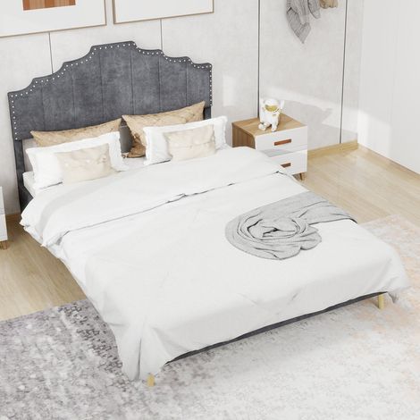Lit rembourré 160x200 cm avec tête de lit capitonnée, sommier à lattes inclus, structure en tissu gris, design moderne minimaliste, sans matelas (1/5)