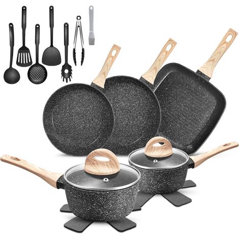 Induction Cookware Set, 19 Piece Non-Stick Black Granite Saucepans and Pans 24/28 cm, Saucepans 18/20 cm, Grill Pan 28 cm, Suitable for All Heat Sources Including Induction, PFOA Free, PTFE Free (1/5)