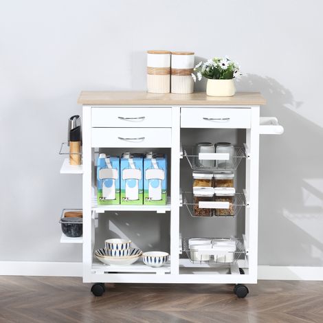 Chariot de cuisine multifonctionnel avec tiroirs, paniers, étagères, porte-serviettes et roulettes, 92 x 37 x 82 cm, blanc