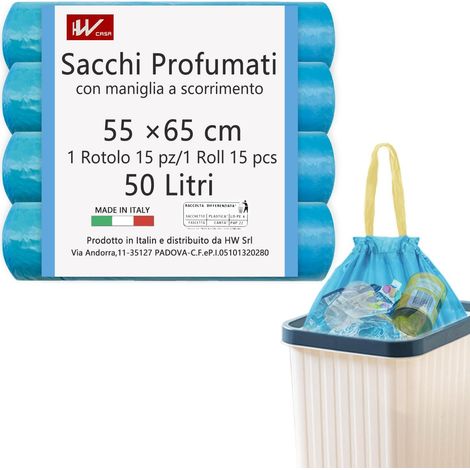 HW Sacs poubelle 55 x 65 cm, parfum talc avec poignée coulissante, 50 L, 4 rouleaux de 60 pièces, sac de collecte différencié recyclable pour cuisine, salle de bain, bac moyen (bleu) (1/5)