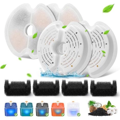 Lot de 4 filtres de rechange pour fontaine à eau chat 67oz/2L – Charbon actif et mousse – Éclairage nocturne LED (1/5)