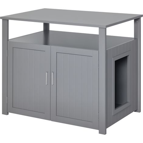 PawHut Wooden Cat Litter Box Enclosure Furniture with Tabletop for Nightstand Grey
