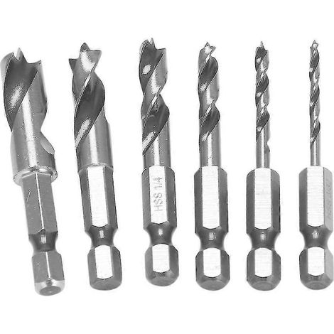 Ensemble de 6 forets courts HSS à pointe SAE pour bois avec embout hexagonal à changement rapide 1/4" (3/32", 1/8", 3/16", 1/4", 5") (1/5)