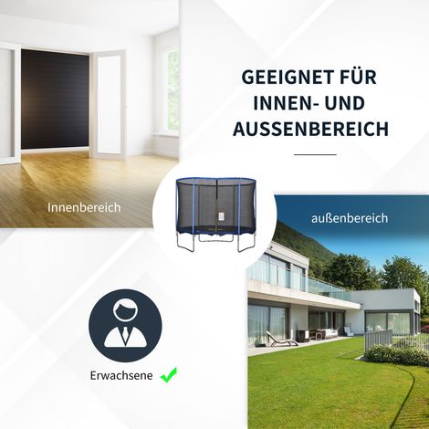 Trampolin mit Sicherheitsnetz, Gartentrampolin für den Innen- und Außenbereich, Fitnesstrampolin für Jugendliche und Erwachsene, Stahl, blau und schwarz, bis 113,6 kg, Ø305 x 248 cm (Höhe). (1/5)
