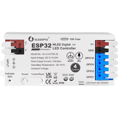 ESP32 WLED-Controller mit 4 Ausgängen, Sicherung, Mikrofon und weißen LEDs (1/5)