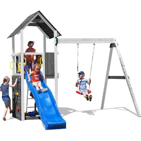 Funni Aire de Jeux Enfant Extérieure – Bois Gris/Blanc – Toboggan 2,2 m – Balançoire Simple – Jusqu’à 7 Enfants – EN 71 (1/5)