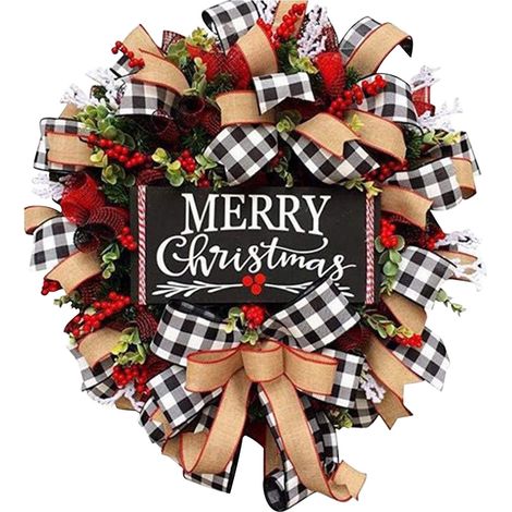 Guirlande De Noël - Couronne En Jute À Carreaux Buffalo Avec Ruban Et Baies Rouges - 50 Cm - Décoration Intérieure Et Extérieure Pour Porte, Mur, Balcon Et Sapin (1/2)
