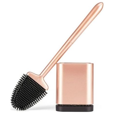 Brosse WC Silicone, Brosse de Toilette Silicone et Support, Balayette WC Suspendu Plate à Séchage Rapide avec Manche Long, Balai Toilette Salle de Bain, Autoportant/Mural, Or Rose Mat (1/4)