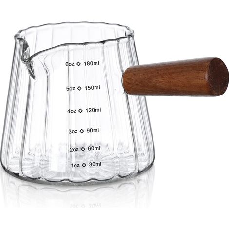 180ml Verre Doseur Avec Poignée en Bois et Becs, Côtelée Borosilicate Tasse à Mesurer Cuisine, Petit Pichet Lait, Transparent Verre à Mesureur Cocktails, Pour Expresso Boissons Café alcool (1/5)