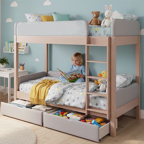 Lit superposé enfant 90x200 cm, Lit de sécurité avec barrière anti-collision et 2 tiroirs de rangement, Gris et Naturel (1/5)