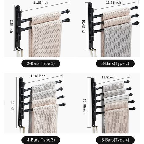Porte-serviettes pivotant avec crochets, 4 barres, bras pliables, support mural en aluminium pour salle de bain et cuisine. (1/2)