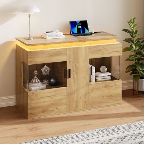 MODFU – Buffet 120x40x79,5 cm con LED 16 colori Bluetooth, presa USB-C, ante in vetro e struttura in legno chiaro (1/5)