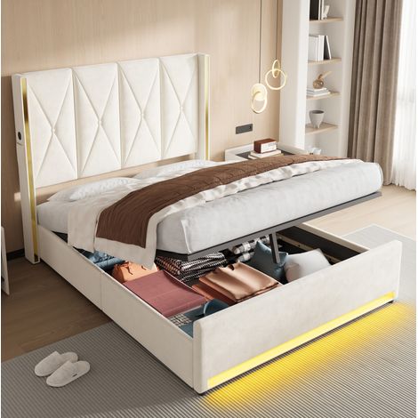 Cama doble con almacenamiento USB LED beige OKMYHOME (1/5)