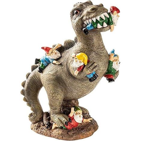 Statues de Gnome de Jardin, Dinosaure Mangeant des Gnomes Miniatures Résine Statue Ornements, 30cm (1/5)