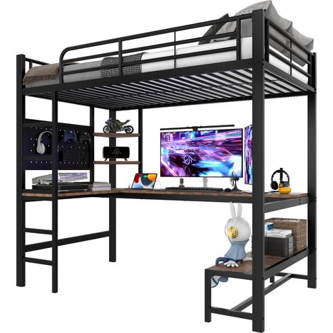 Cama alta 90x200 cm con escritorio, estanterías, barandilla y escalera, estructura de metal y panel MDF, con LED y toma USB-C, color negro  CHICFURN (1/5)