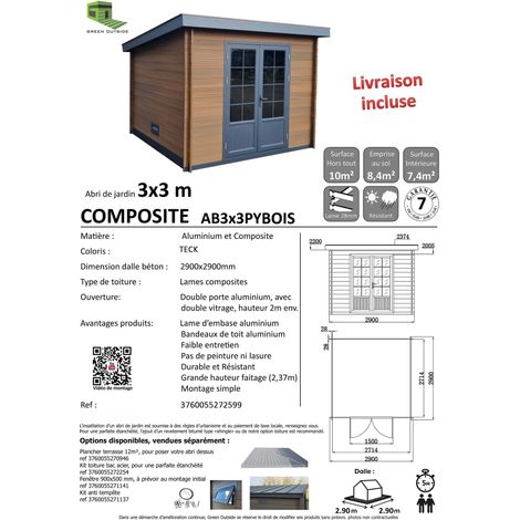 Green Outside – Abri de jardin composite 3x3m toit plat – Coloris teck – Résistant aux intempéries – Double porte avec vitrage – Montage emboîtement