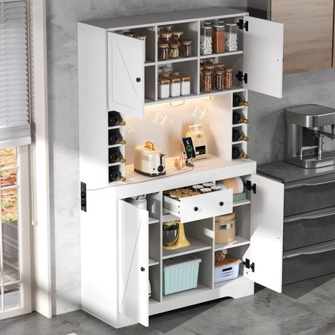 MEUBLIV Buffet de cuisine blanc 105x40x180 cm – LED, prises intégrées et range-bouteilles (1/5)