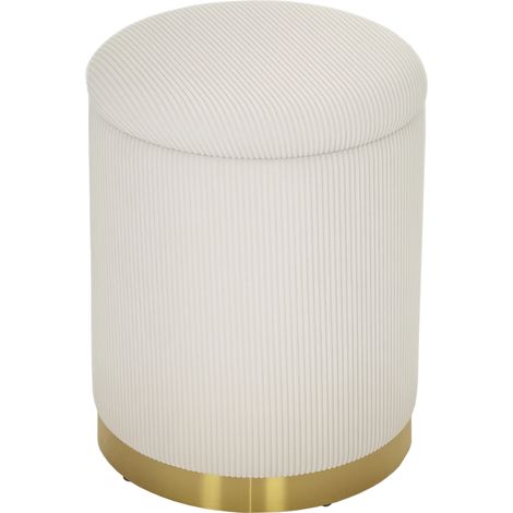 Puf de almacenamiento, puf plegable con tapa, base de acero, reposapiés redondo de 36 x 36 x 44 cm, color blanco crema. (1/5)