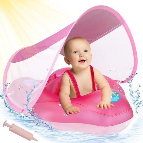 Château gonflable pour bébé, 3-72 mois Château gonflable pour bébé 1 an 6 mois Château gonflable pour bébé siège de piscine flottant rose avec auvent (1/5)
