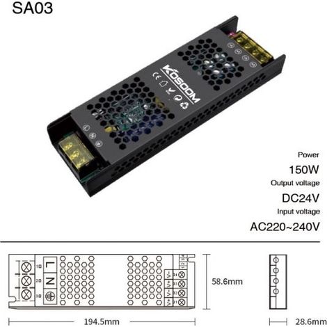 Alimentatore Trasformatore Dimmerabile da 150W robusto e affidabile per le tue applicazioni Tensione 24V SA03